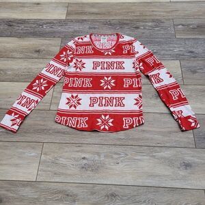 Victoria’s Secret PINK Waffle Sleep Shirt/Top Fair Isle Red & White VS PINK